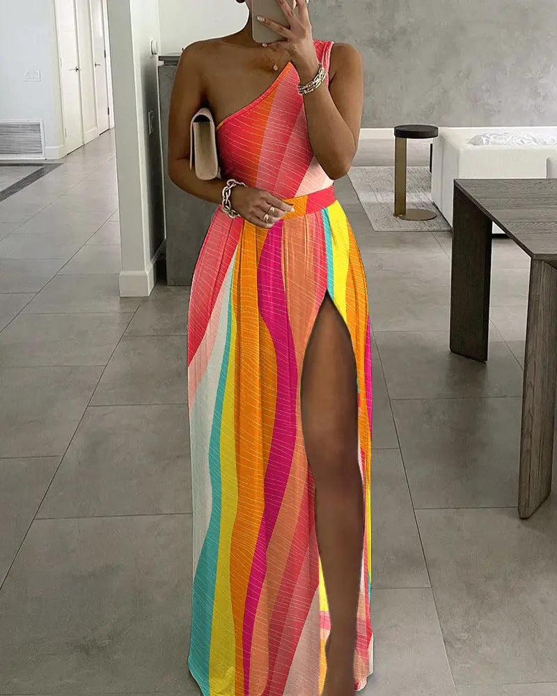 Ladies High Waist Sexy Printed Slit One Shoulder Dress 3