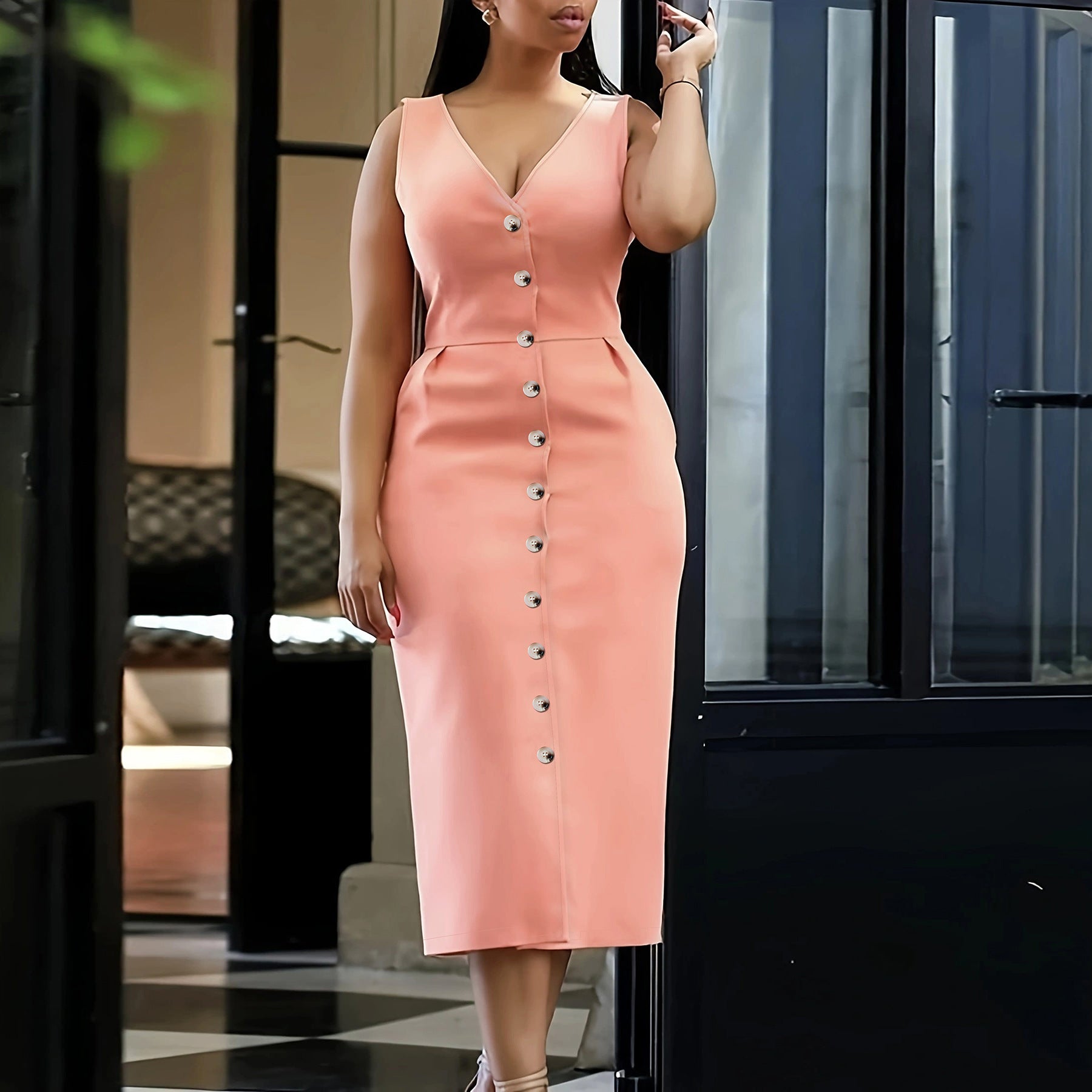 Women's Spring Summer Chic Elegant V-Neck Solid Color Slim Long Dress