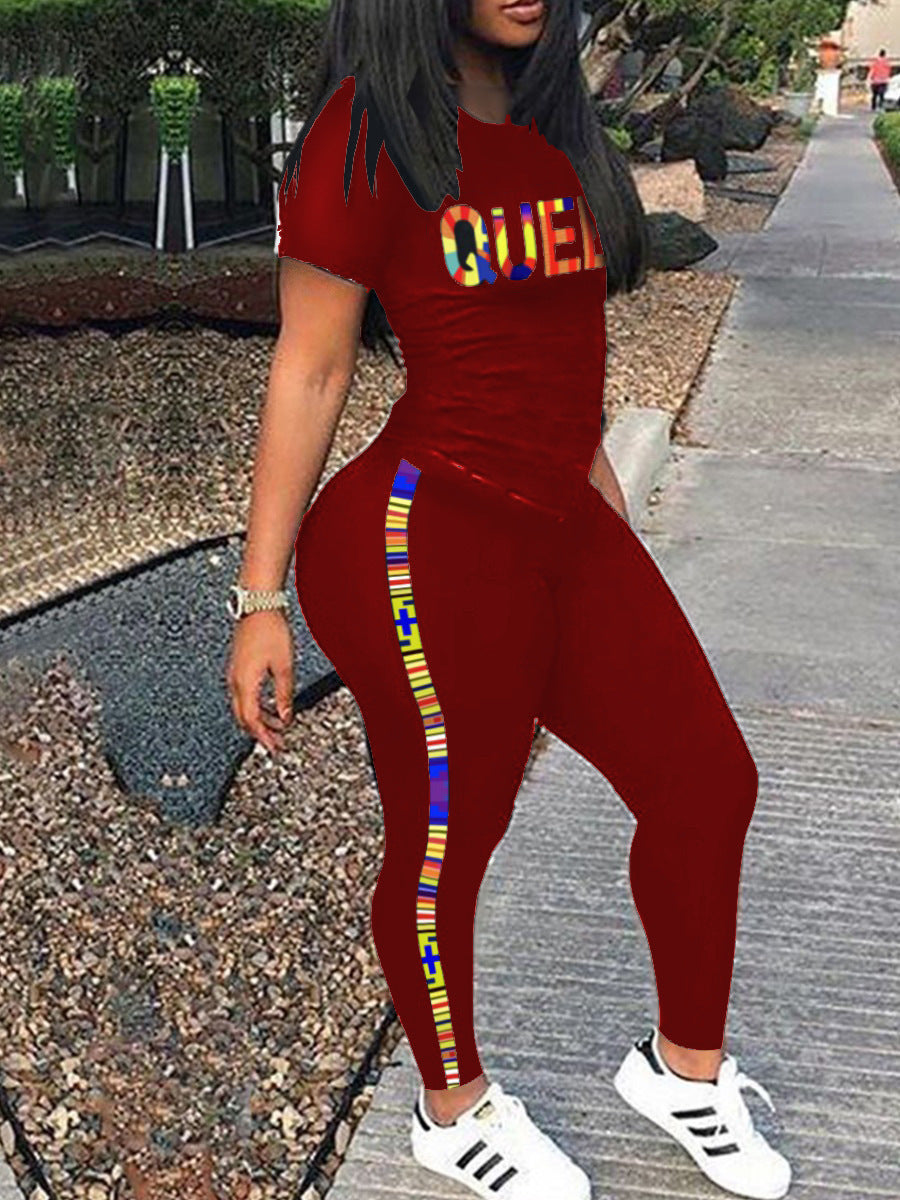 Casual Letter Print Short Sleeve Loungewear Stripe Two-Piece Pants Set For Women 7