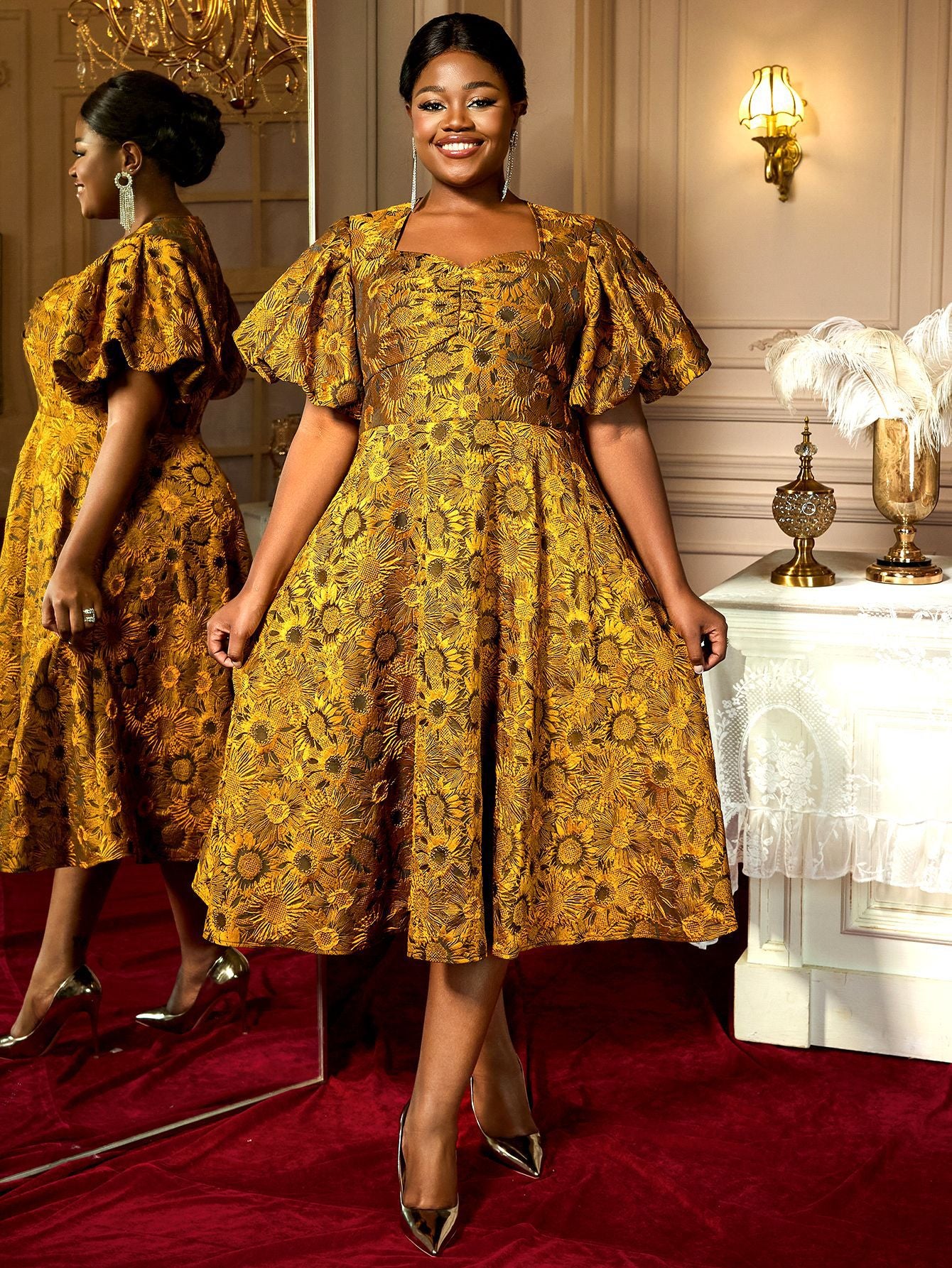 Summer Puff-Sleeve Jacquard Square-Neck A-Line Cocktail Dress