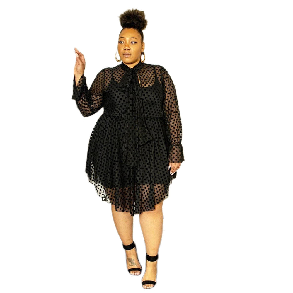 Women Long Sleeve Polka Dot Mesh Dress Two Piece (inside dress with breast pad) 6