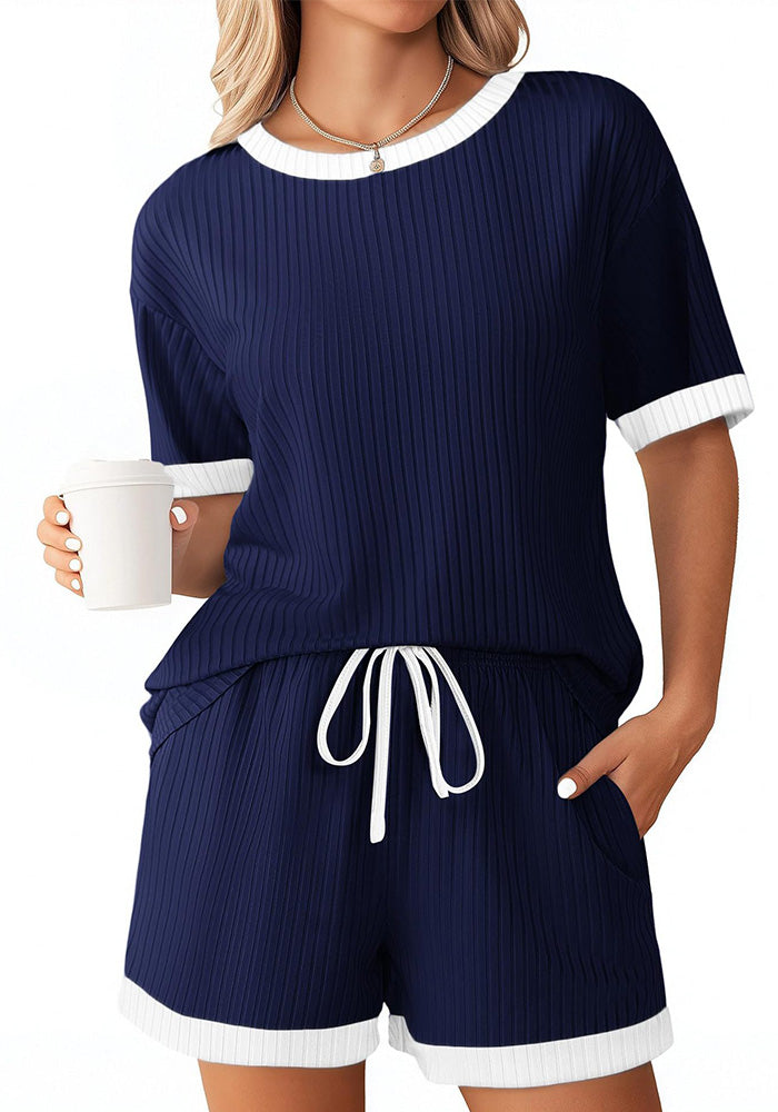 Women's summer Ribbed color matching pajamas short sleeve home clothes Shorts Set