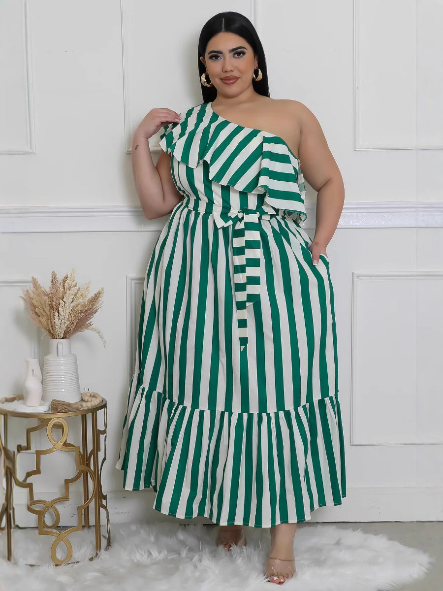Women Striped Slash Shoulder Dress