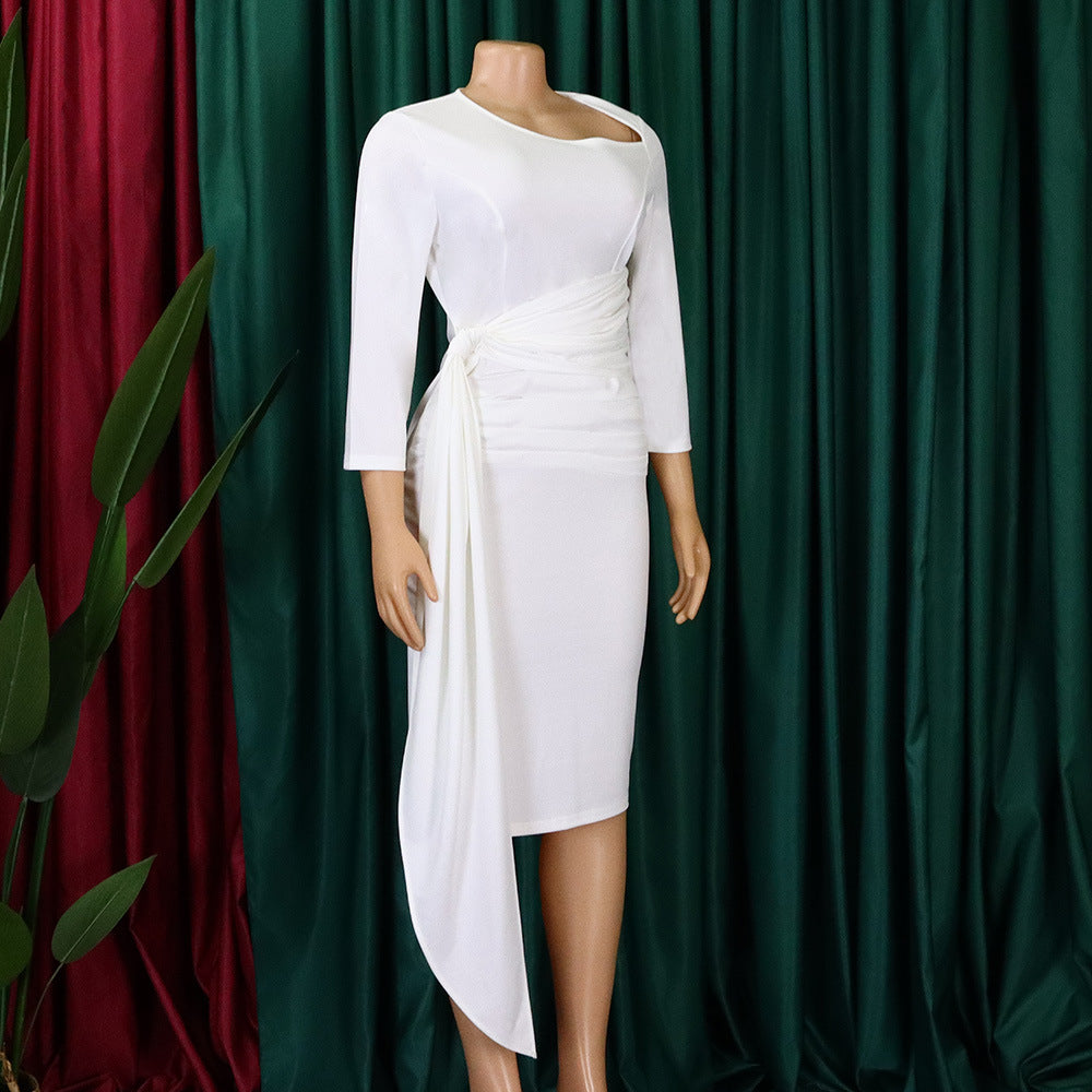 Women's Fall/Winter Solid ol Chic Career Ruched Belted Midi Dress 14