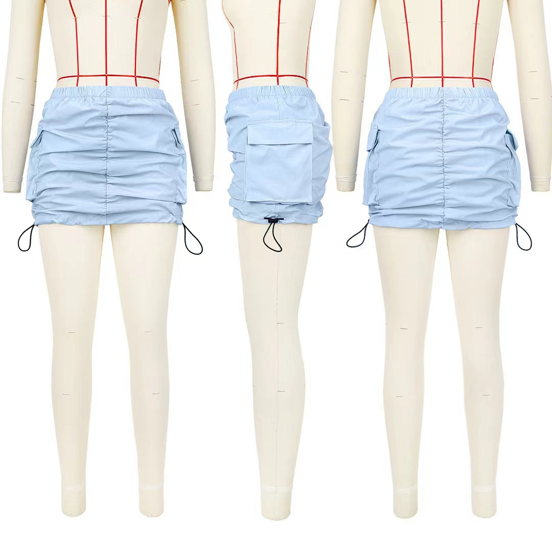 Women Solid Pleated Elastic Spring Buckle Sports Organ Pocket Mini Skirt 16