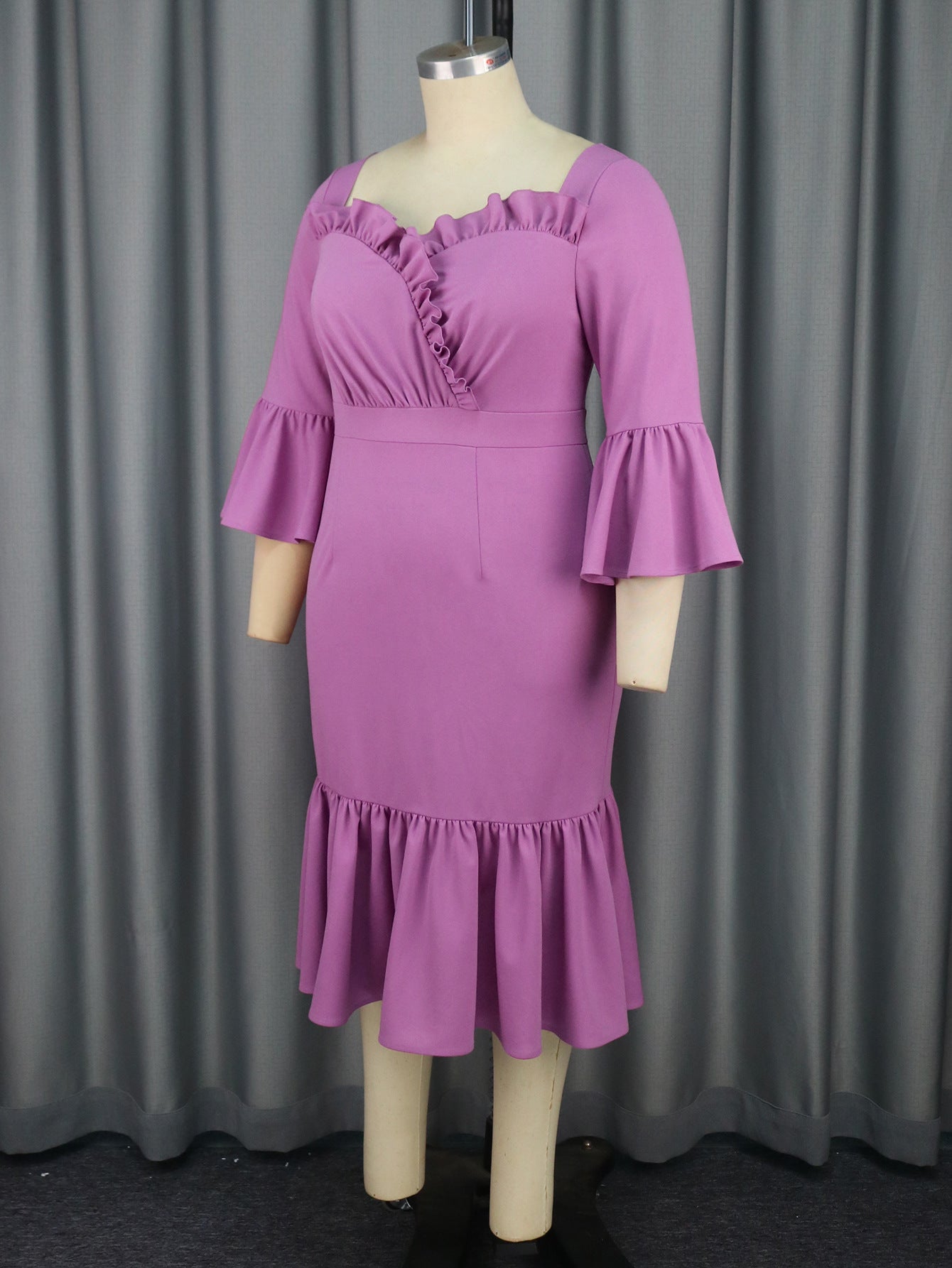 Women Purple Ruffle Edge Square Neck Bell Bottom fishtail dress 4