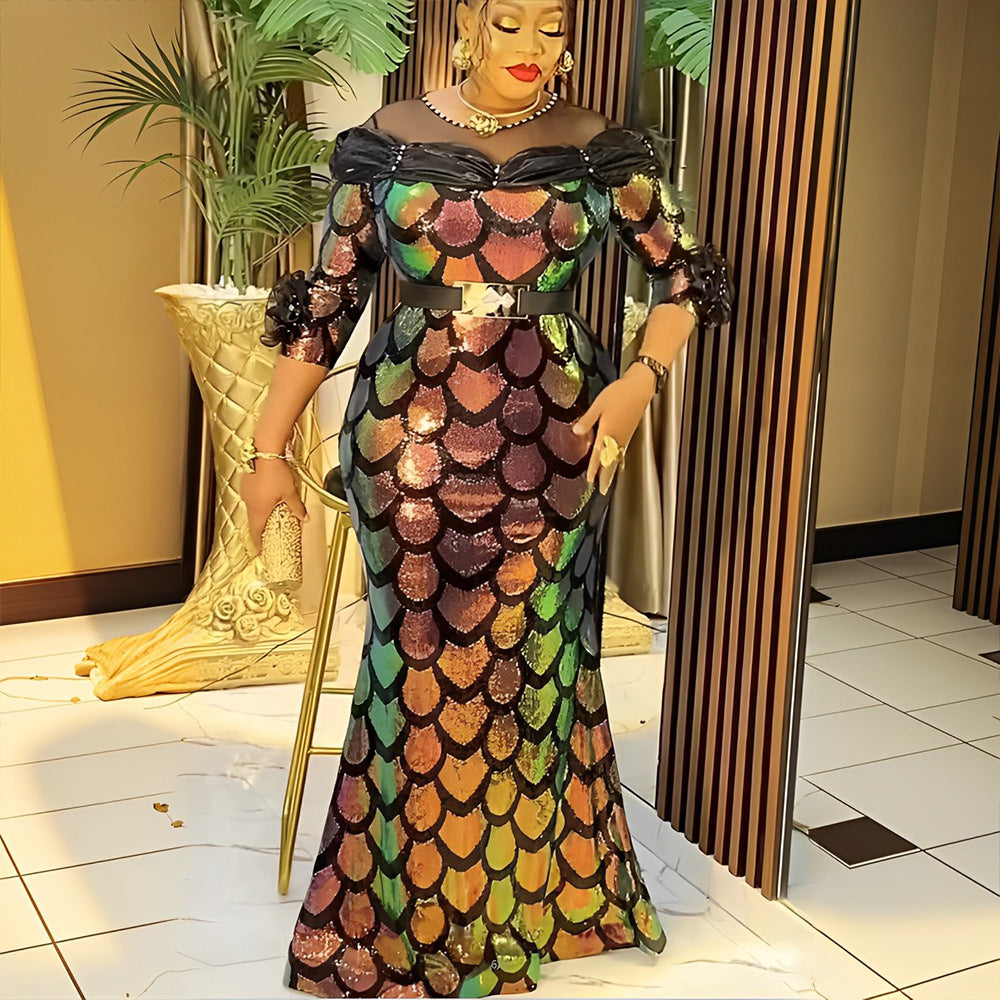 Plus Size Women Sequin Party Fishtail Dress