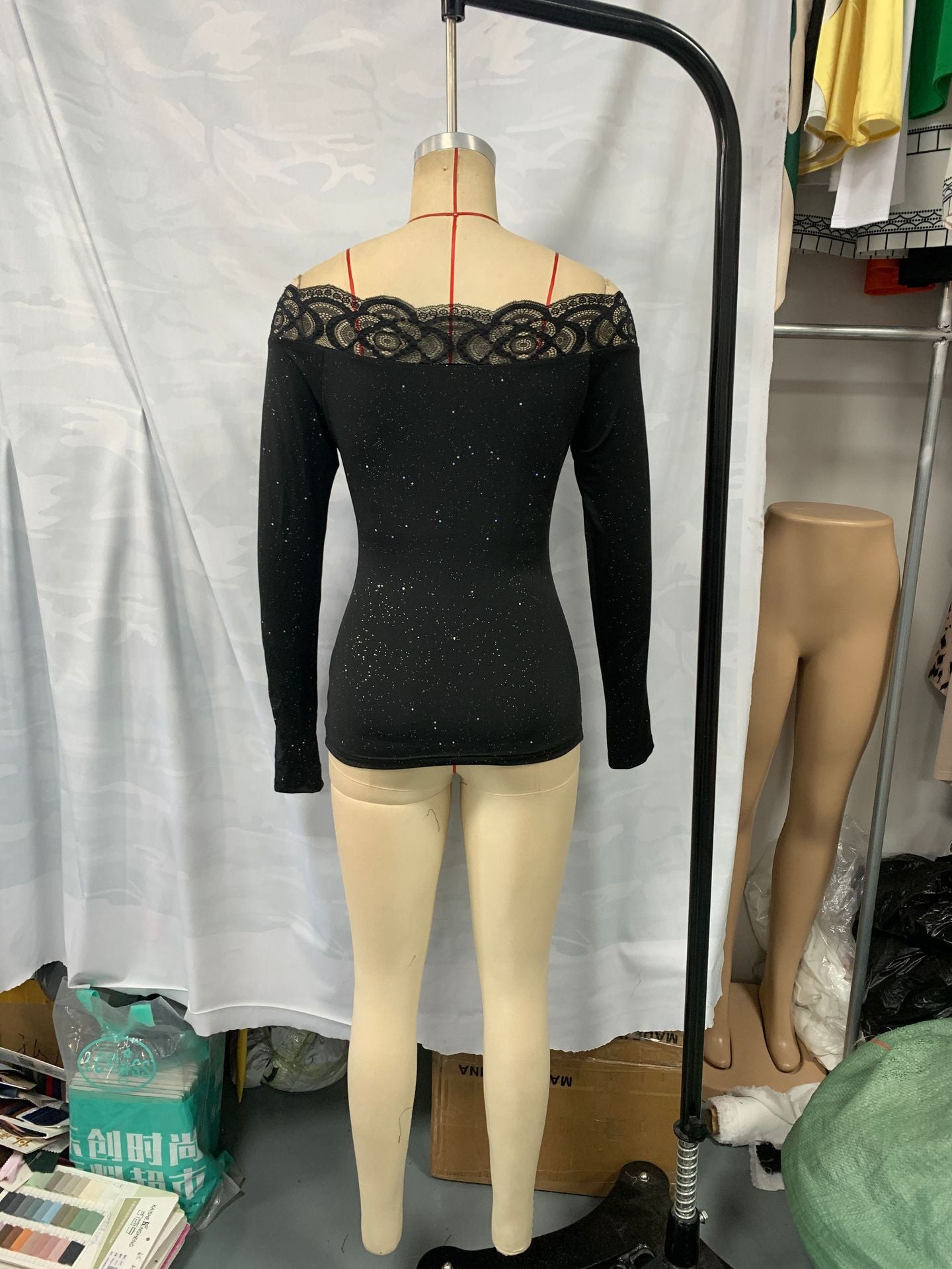 Women lace Off Shoulder sexy black long sleeve Top 6