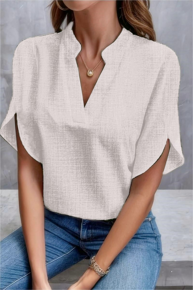 Women Summer Solid V-Neck Off-Shoulder Loose Shirt 3