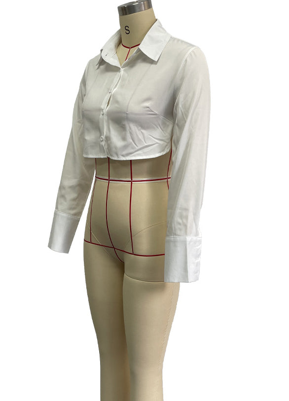 Autumn solid color Turndown Collar long-sleeved crop Slim Waist shirt 9