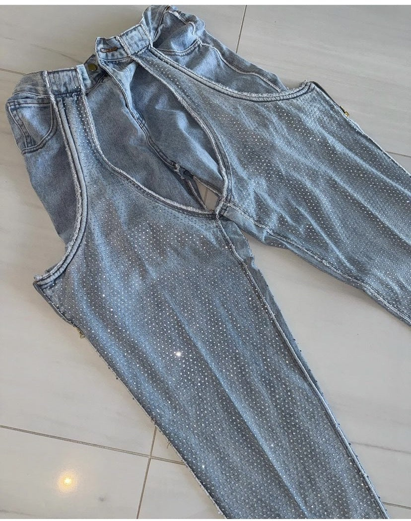 Fashion Irregular hollow Patchwork zipper Beaded elastic Denim pants 15