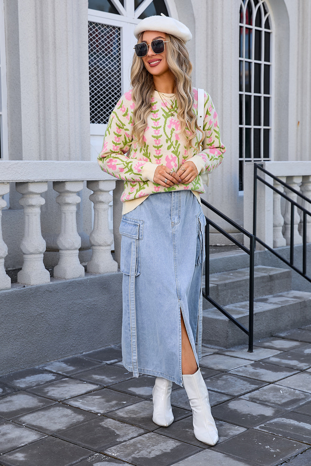 Women Jacquard Branch Round Neck Floral Sweater 33