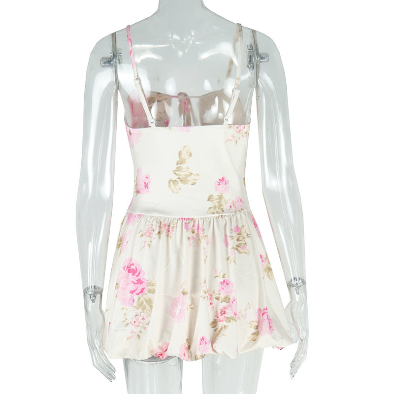 Women Summer Chic Fashion Print High Waist Short Strap A-Line Dress 6