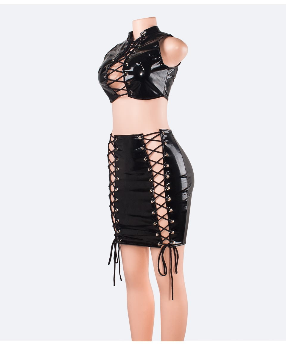 Women Sexy Lace-Up Cutout PU-Leather Top and Skirt Two-Piece Set 9