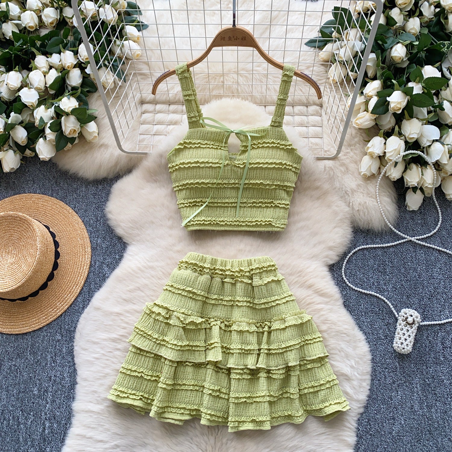 Summer Chic Women's Square Neck Camisole Vest High Waist Pleated Ruffle Skirt Two Piece Set 4