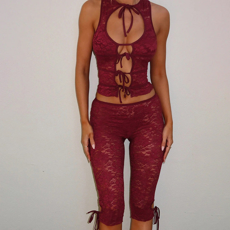 Summer fashion sexy low-cut lace Patchwork two piece shorts set for women 10