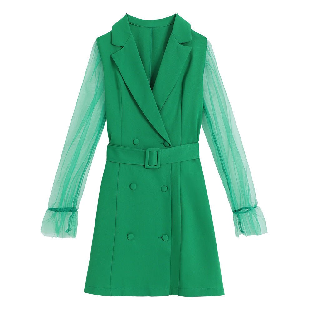 Spring Sexy See-Through Mesh Long Sleeve Double Breasted Slim Waist Chic Women Blazer Dress 19