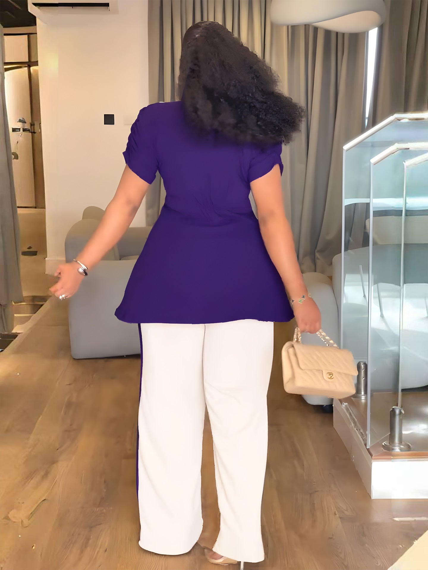 Women Casual Slit Top and High Waist PantsTwo Piece Set