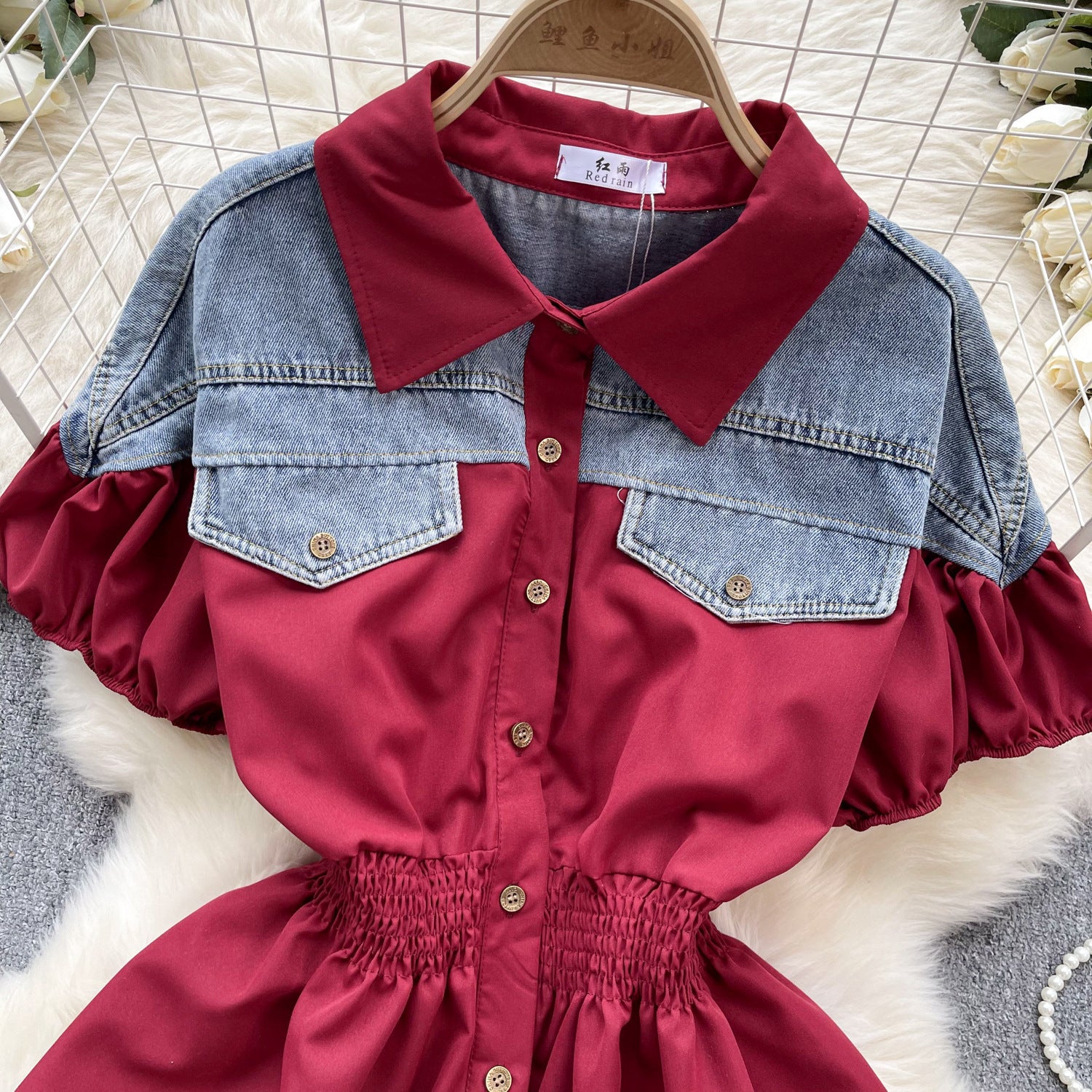 Women Contrast Patchwork Puff Sleeve Stretch Shirt 21