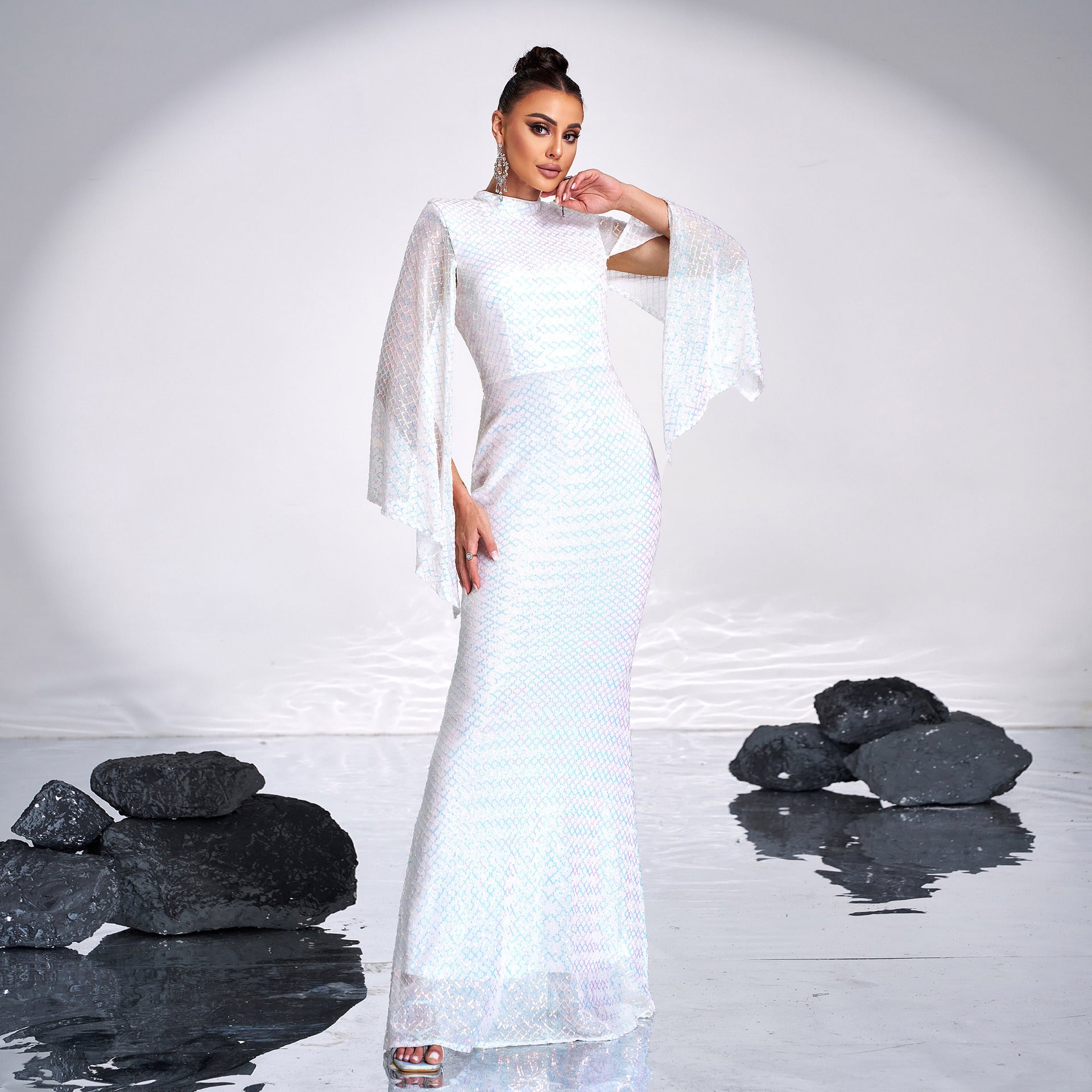 Women Long Sleeve Round Neck Sexy Sequin Formal Party Maxi Evening Dress 14