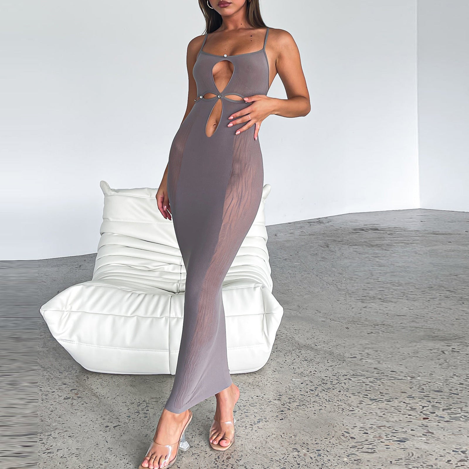 Women Sexy Mesh Patchwork Cutout See-Through Bodycon Maxi Dress 4