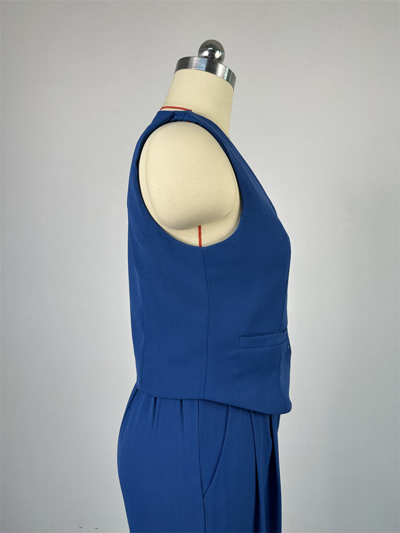 Women 's Spring V-Neck Sleeveless Vest Wide-Leg Trousers Casual Suit 24