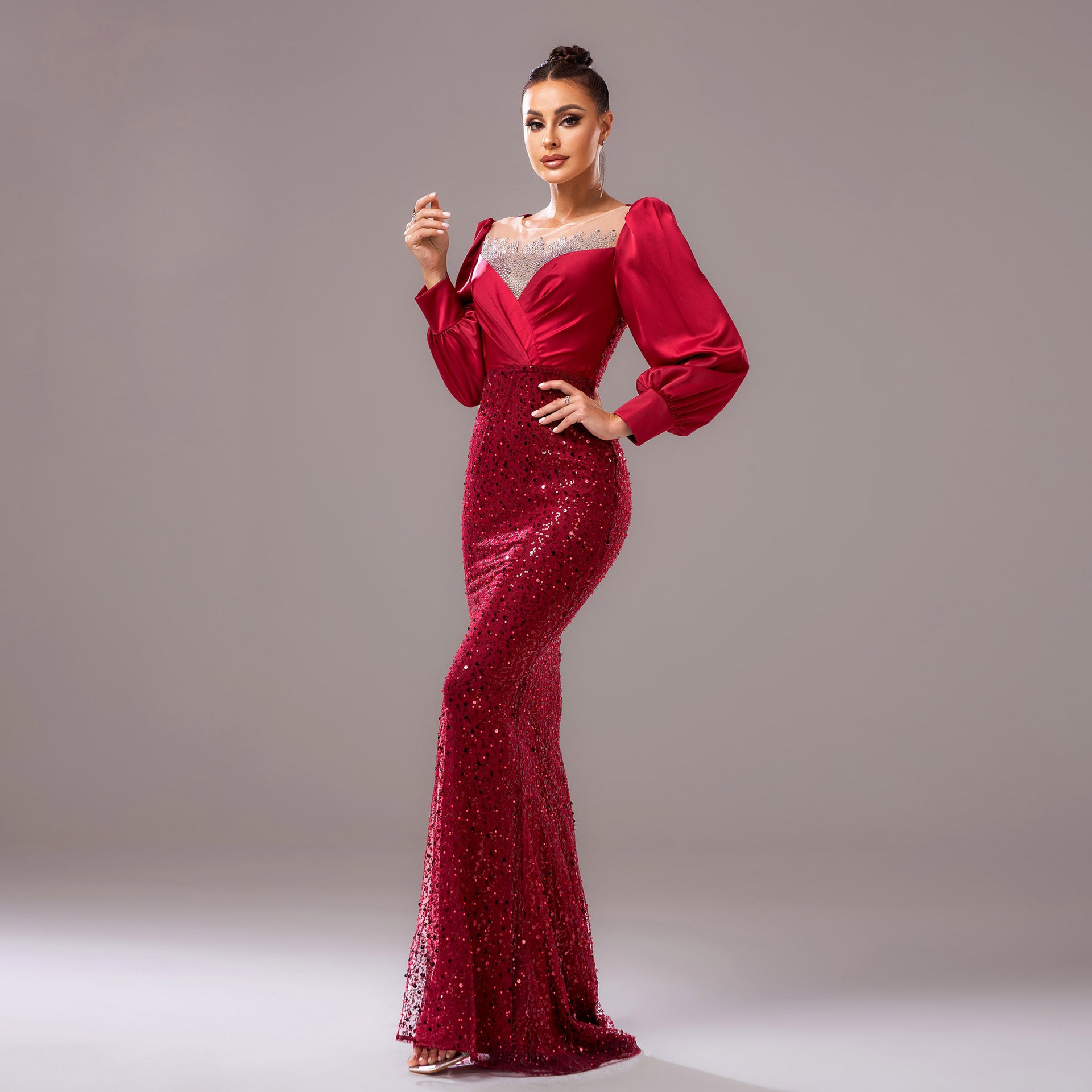 Chic Long Sleeve Round Neck Formal Party Bodycon Beaded Sequin Evening Dress Women Bridesmaid Gown 5