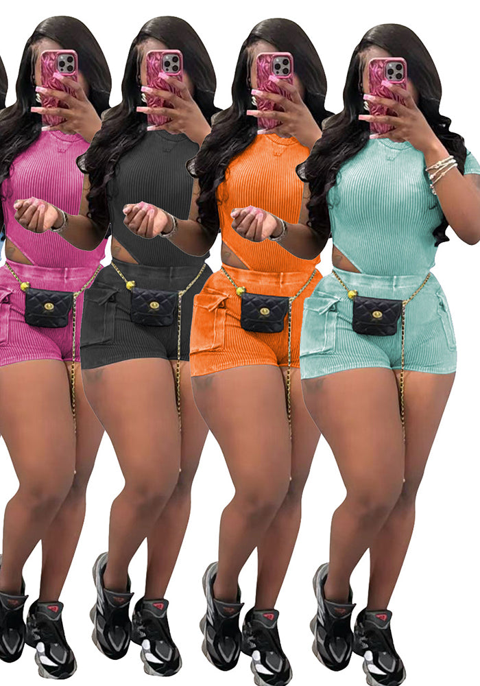 Women's Casual Solid Color  Short Sleeve Bodysuit Shorts Two Piece Set