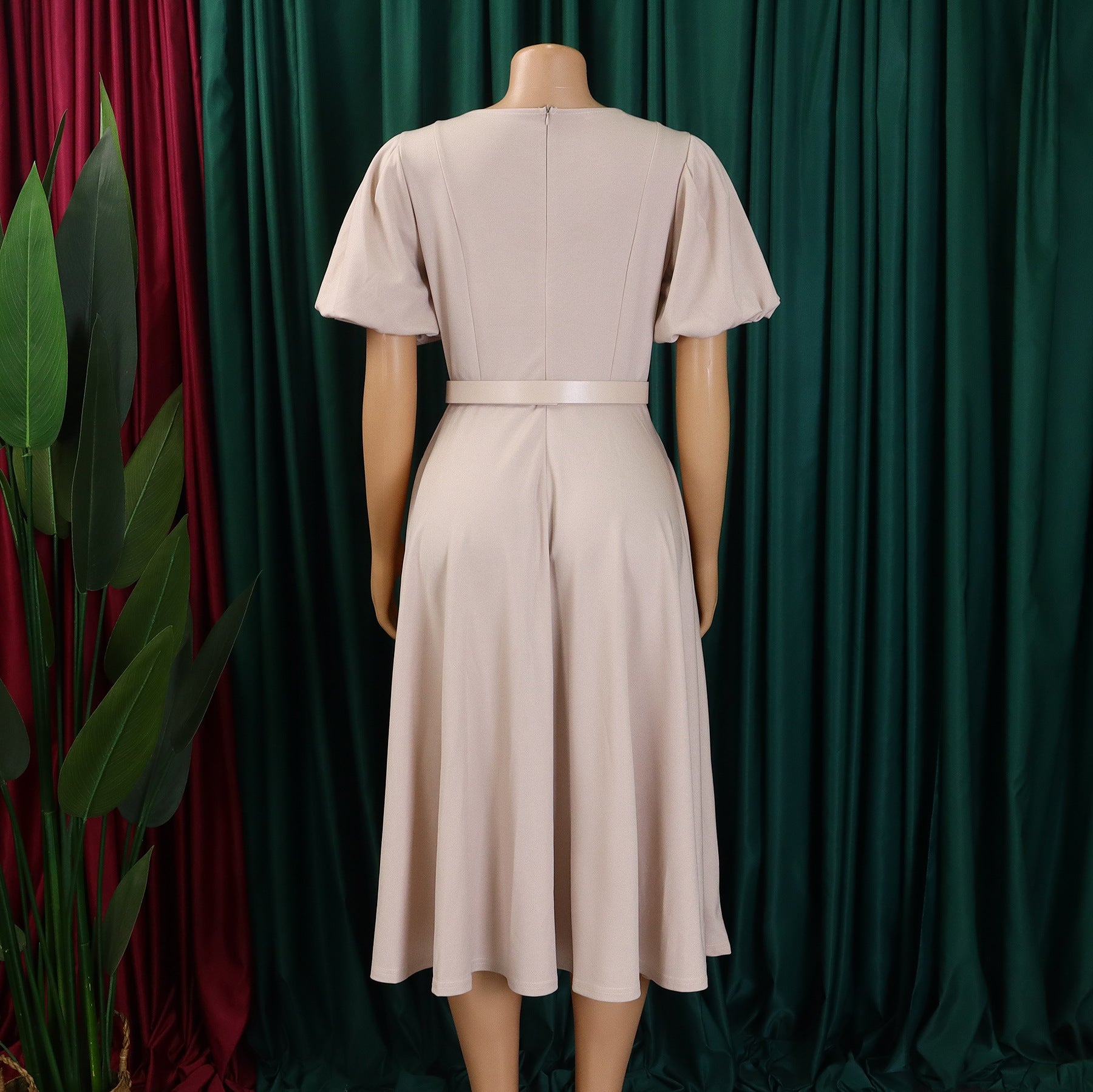 Women's Round Neck Chic Elegant Slim Waist Puff Sleeve A-Line African Dress 17