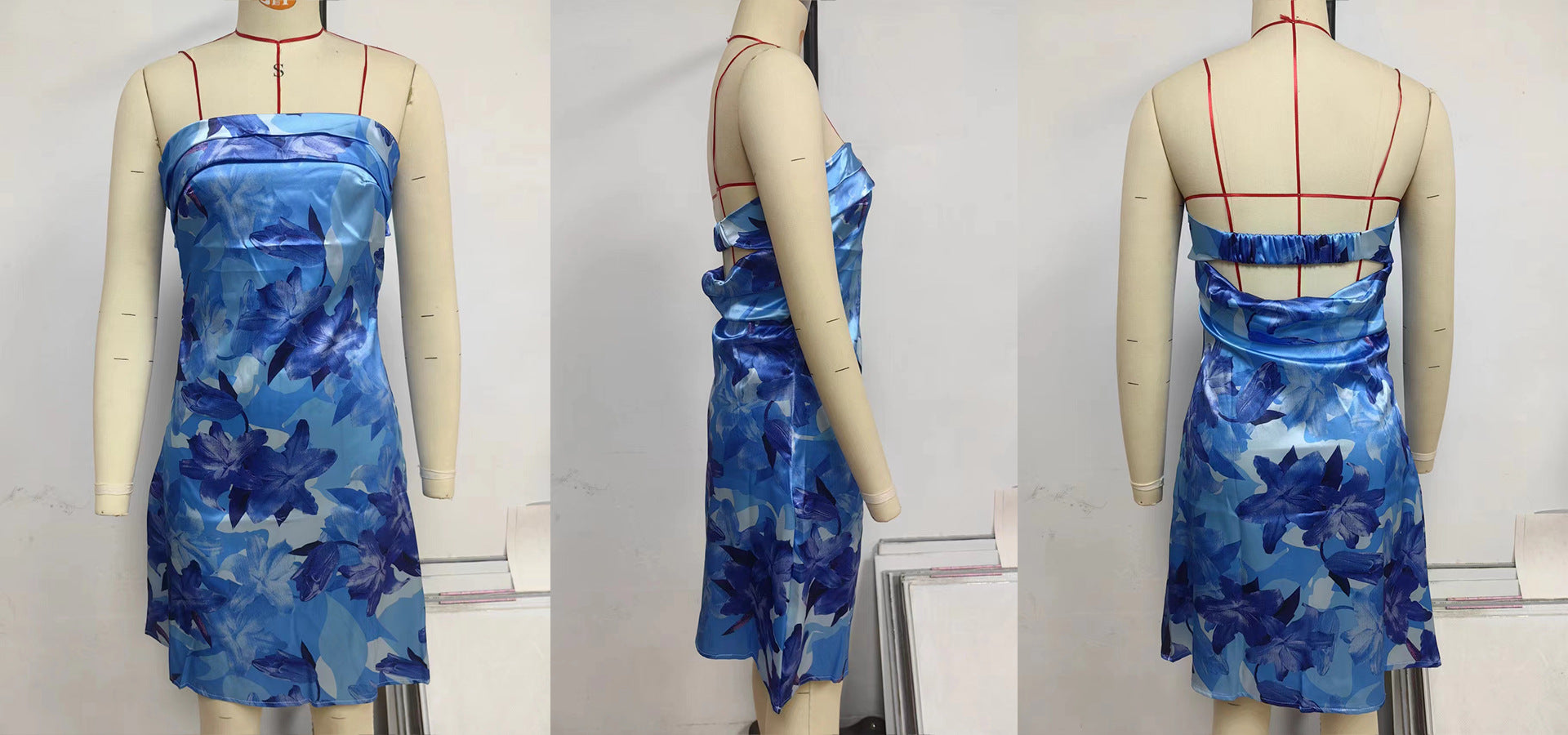 Summer Sexy Strapless Low Back Printed Short Dress 16