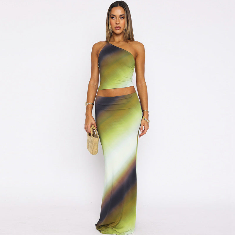Women's gradient color one-shoulder Low Back Holidays two-piece fashion skirt set