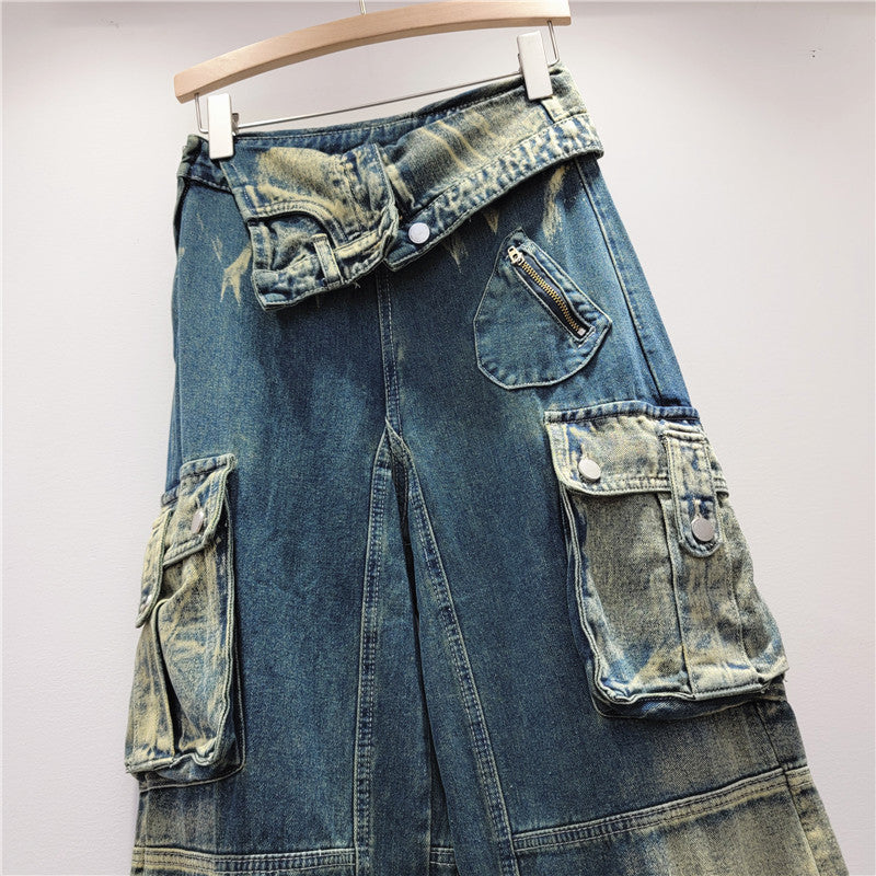 spring Trendy High Waist Style Pocket Cargo Denim Straight Pants Women's Loose Slim Fit Wide Leg trousers 5