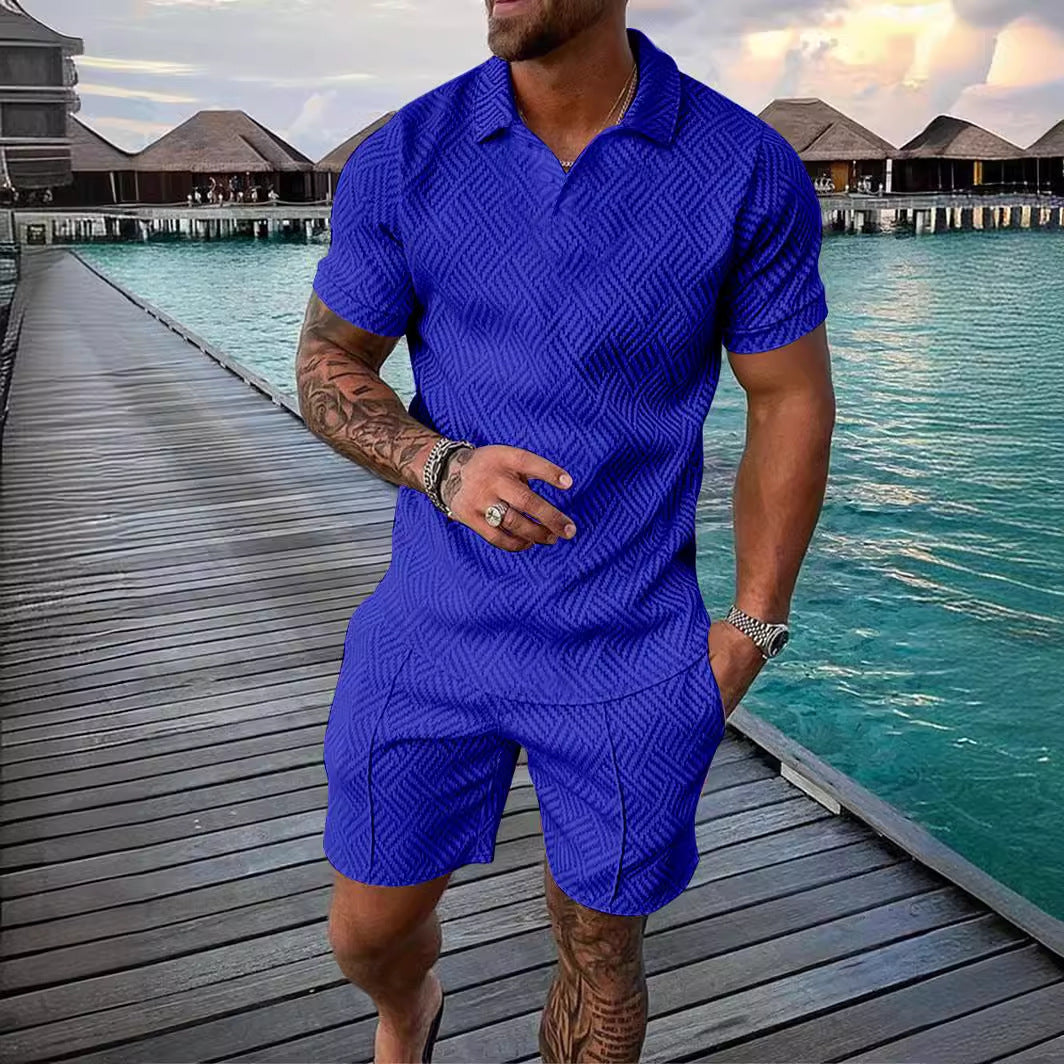 Men's Summer Fashion Casual Printed Turndown Collar Polo Shirt Shorts Two Piece Set 17