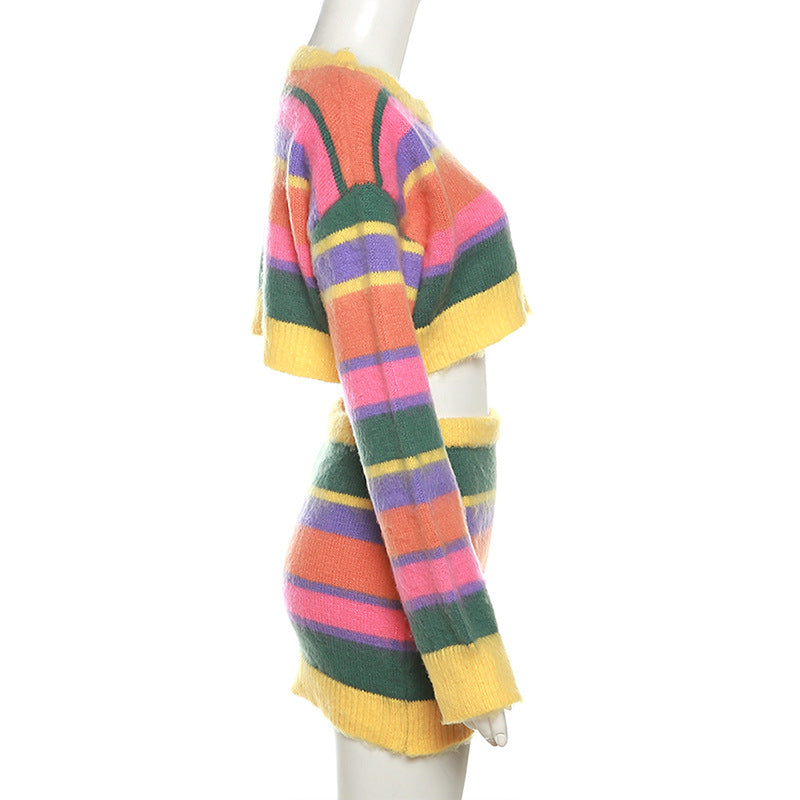 Autumn Women's Sexy Knitting Long-Sleeved Contrast Color Top High Waist Bodycon Skirt Suit For Women 18