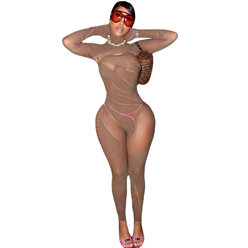 Spring Women's Sexy Hollow See Through Hooded High Waist Tight Fitting Knitting Jumpsuit 7