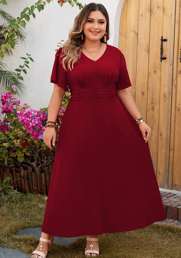 Women spring and summer holidays red v-neck chiffon short-sleeved dress