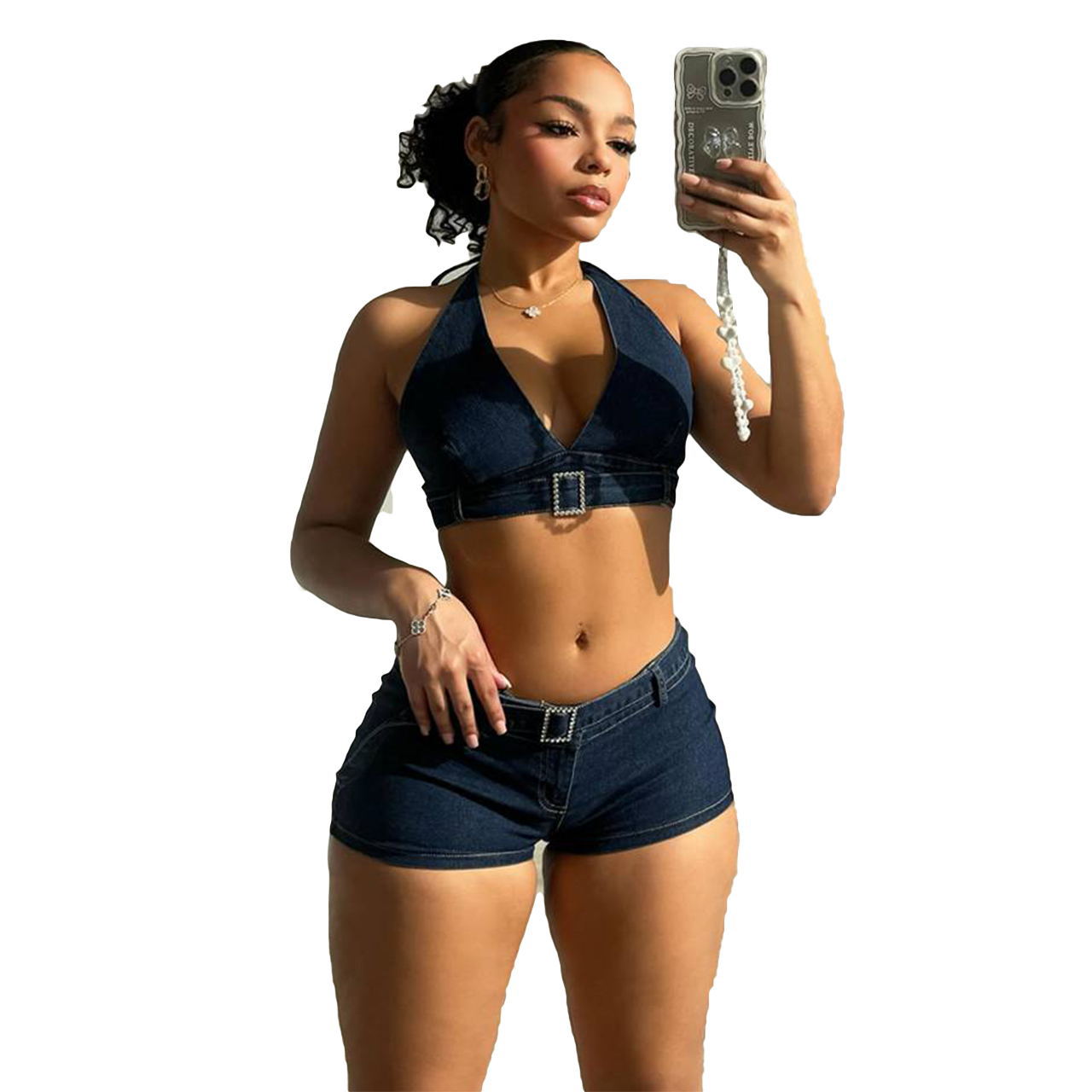 Sexy Halter Neck Stretch Two Piece Denim Shorts Set