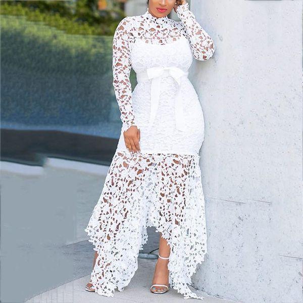 Women Lace Hollow Long Sleeve Stand Collar Lace Irregular Dress