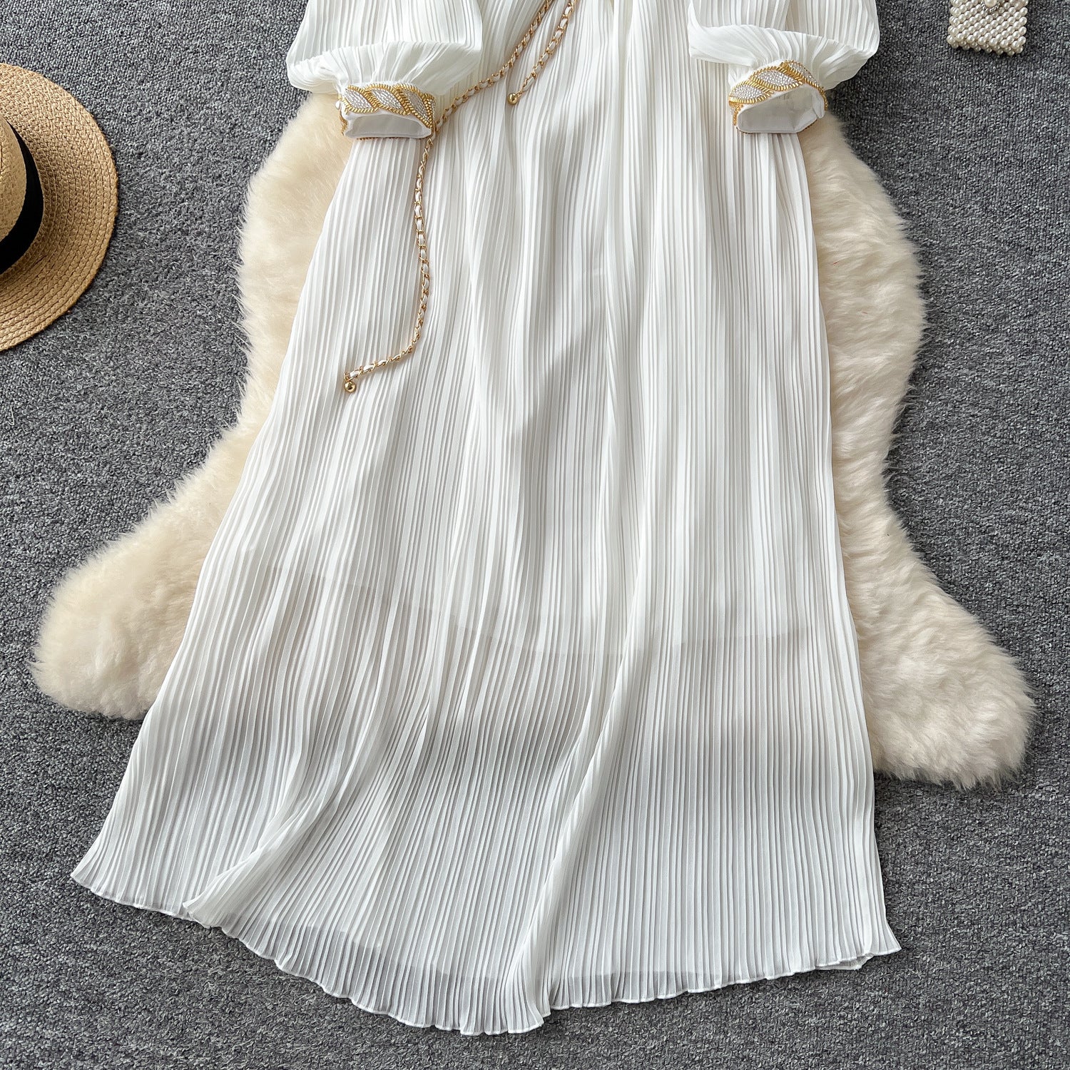 Luxury Sequin Cape Patch Slim Waist Pleated Loose Long Dress 22