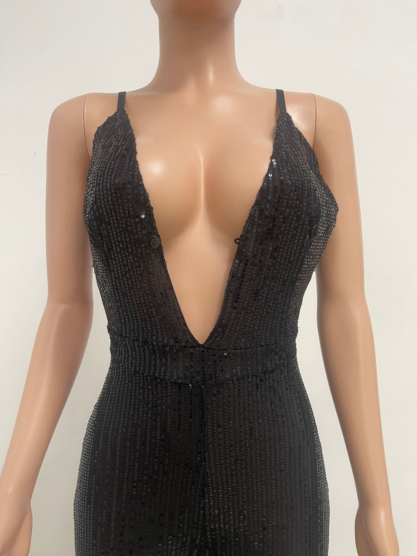 Deep V Neck Low Back Sleeveless Chic Sequined Straps Elegant Women's Party Jumpsuit 52