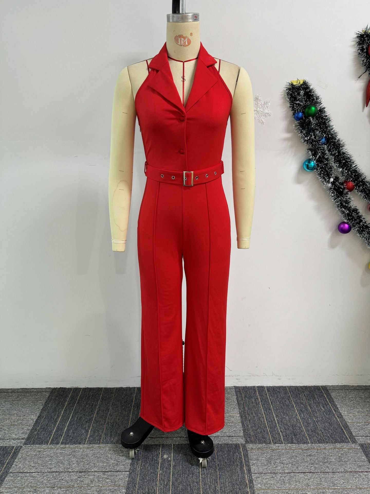 Women Halter Neck Backless V-neck button wide-leg jumpsuit 8