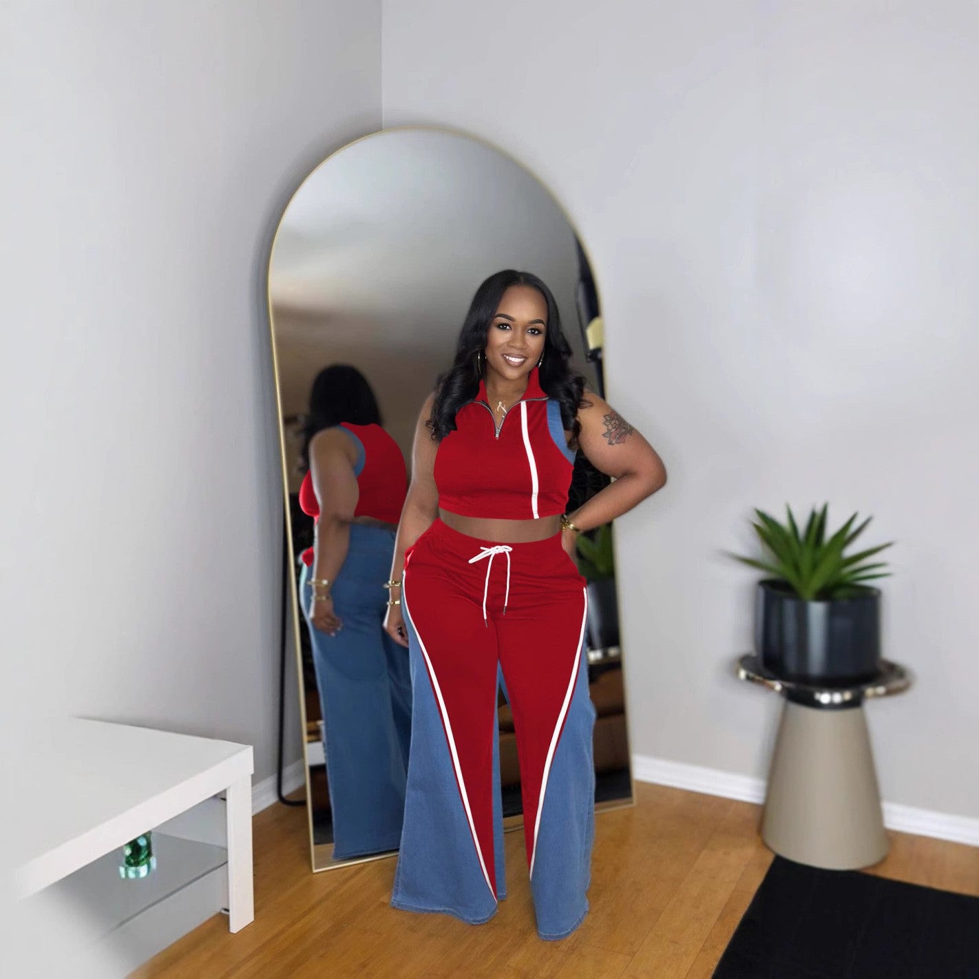 Women's denim patchwork sleeveless V-neck top wide-leg trousers two-piece set 6