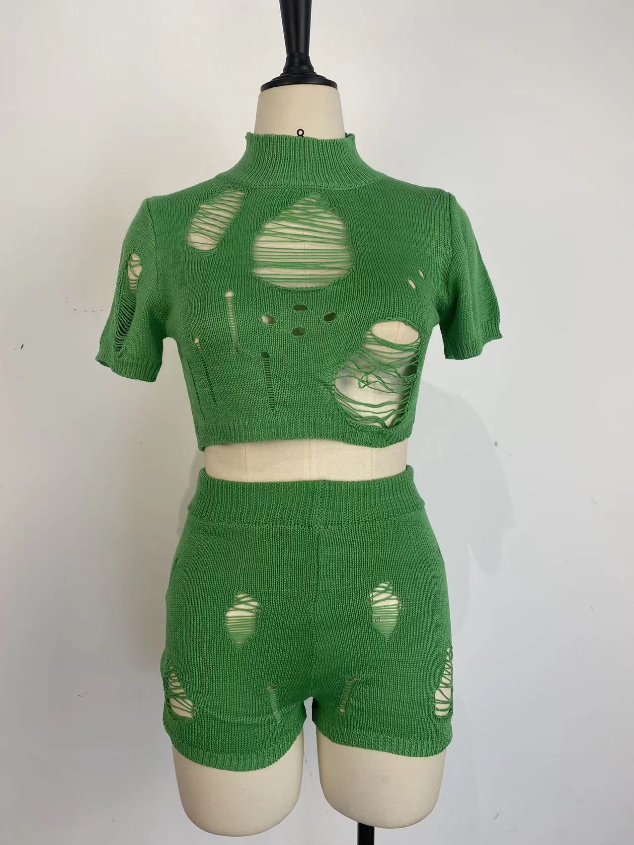 Women Fashion Knitting Tight Fitting Hollow Out Sexy Two Piece Shorts Set Spring Summer 15