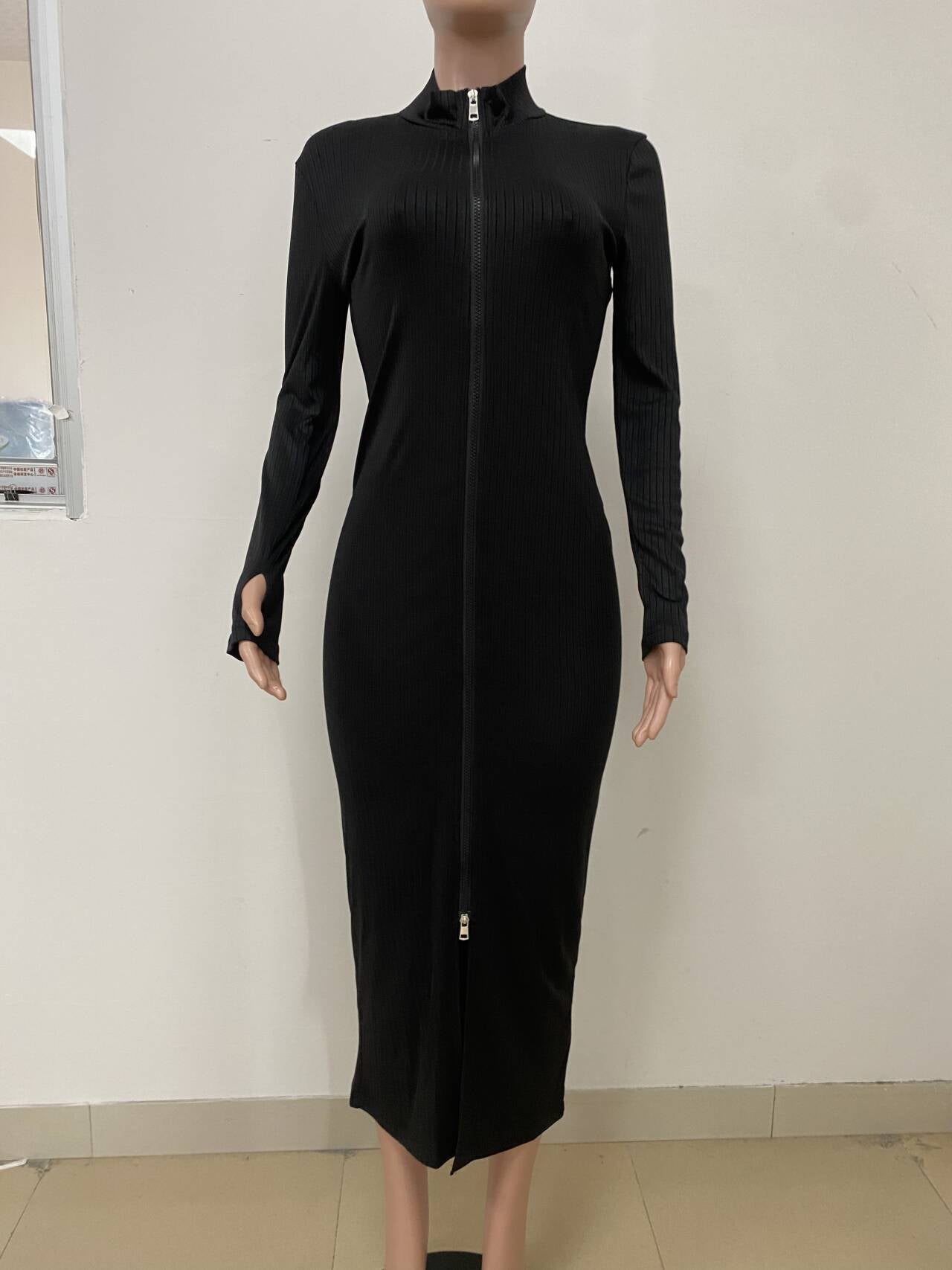 Women Ribbed Thumb-Button Long-Sleeved Sexy Zipper Dress 5