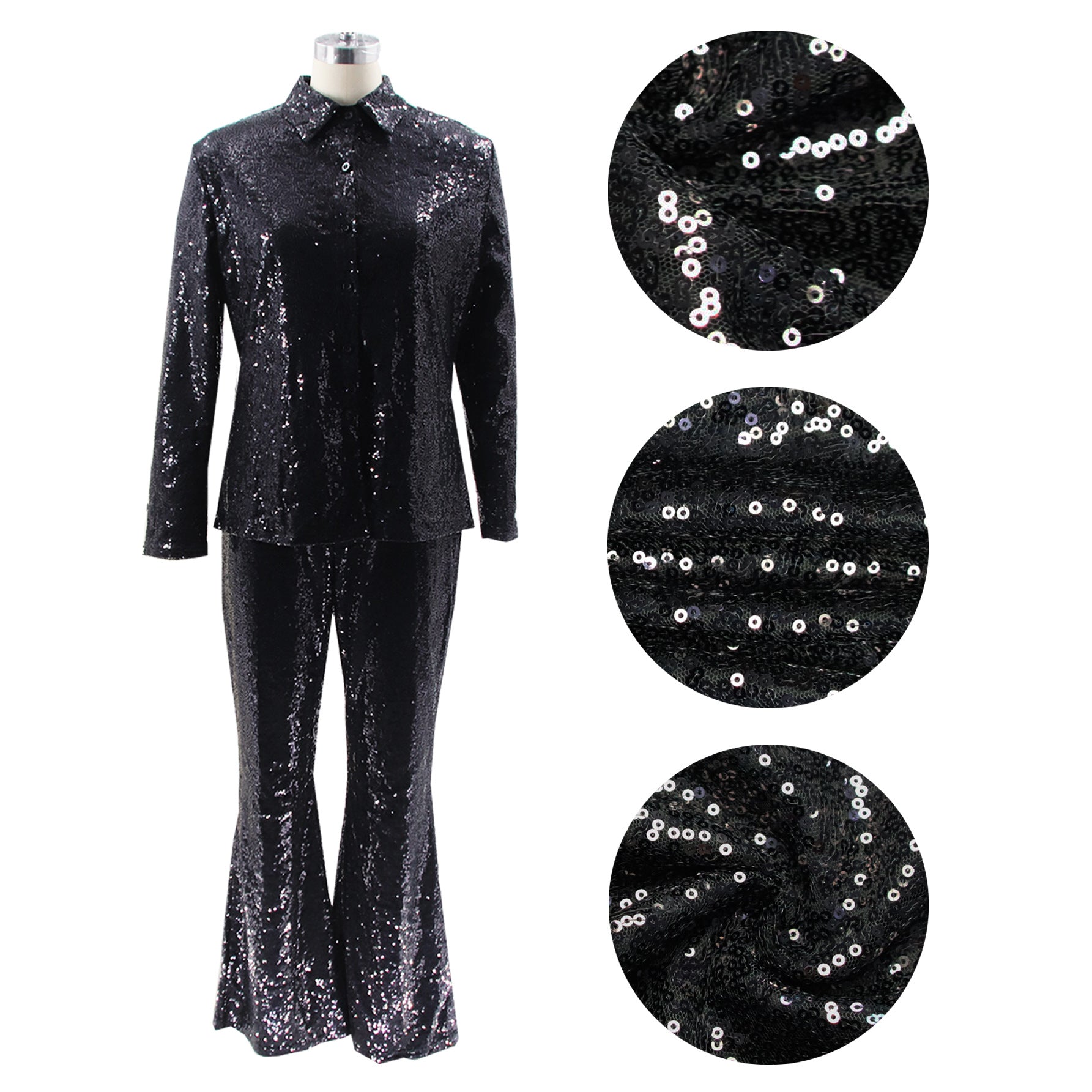 Fashionable and Sexy Casual Slim Turndown Collar Sequin Two Piece Pants set 6