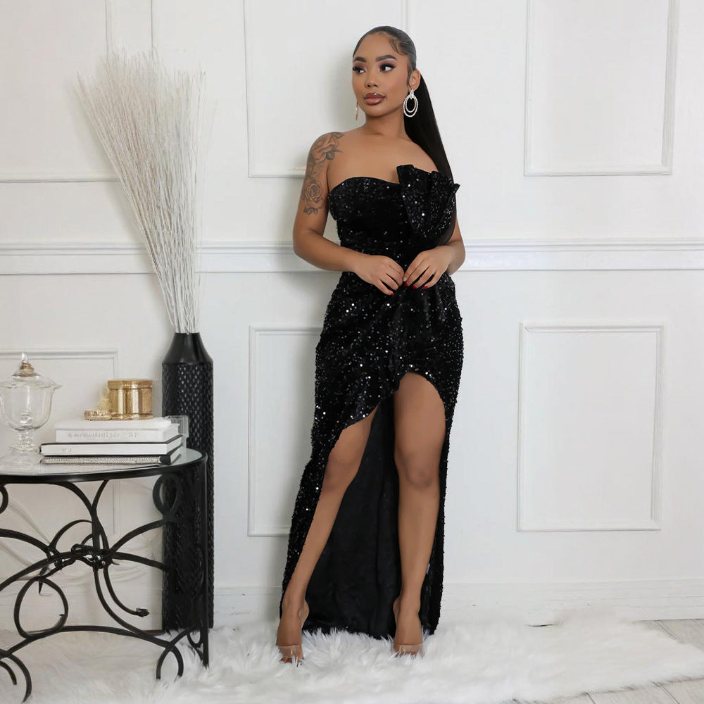 Women sequined sexy strapless irregular dress