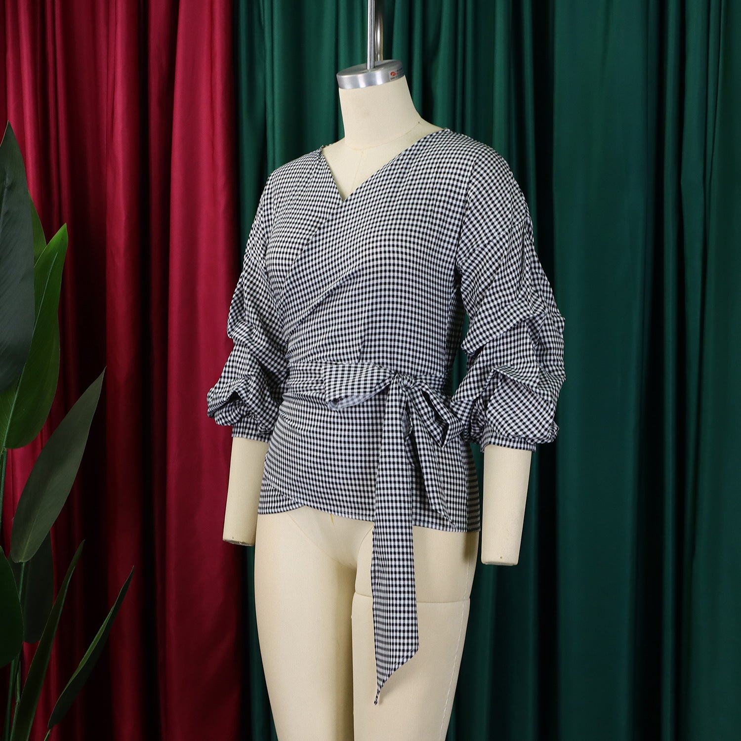 Summer Plus Size Fashion V-Neck Bubble Sleeves Lace-Up Plaid Shirt Top 8