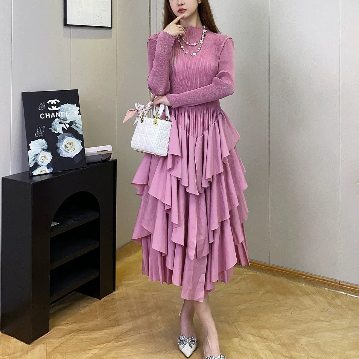 Plus Size Fashion Flounce Chic Slim Waist Elegant Solid Cascading Ruffles Dress 4