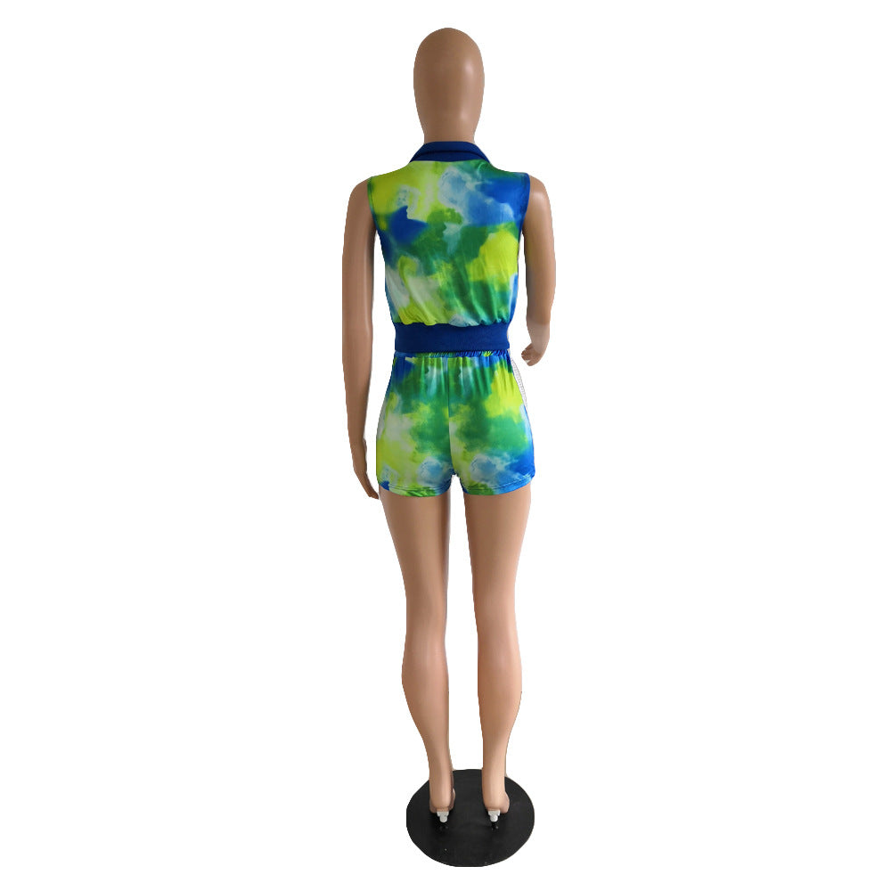 Women's Beaded Sleeveless Sexy Tie-Dye Two-Piece Shorts Set 10