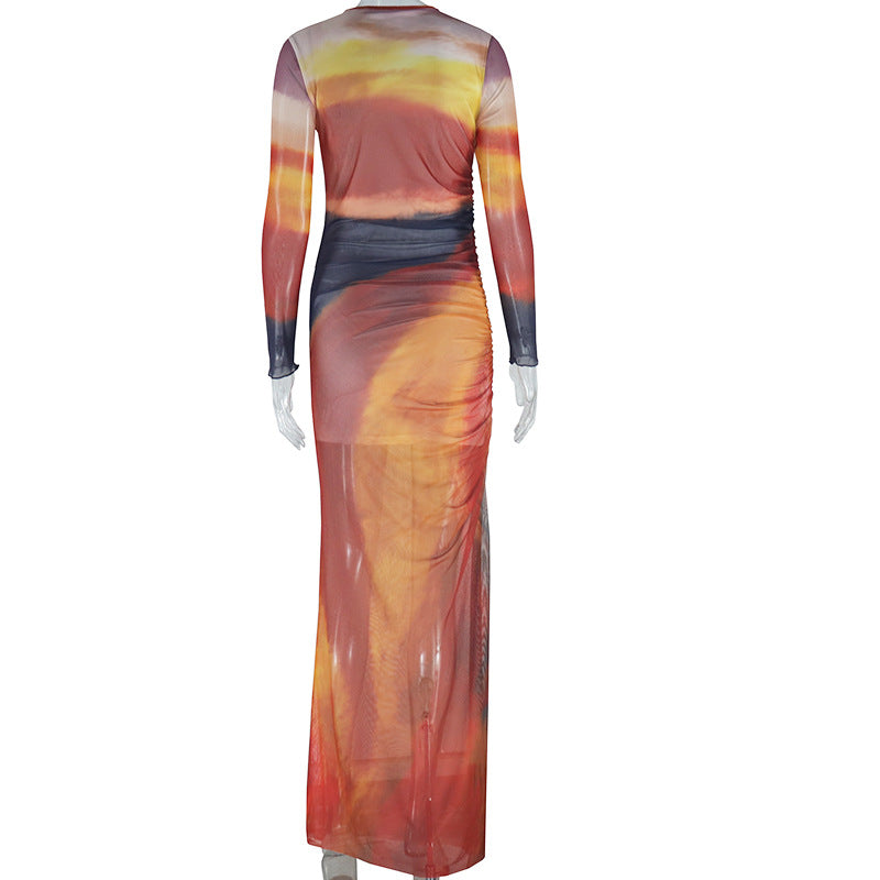 Women's Fashion Printed Round Neck Long Sleeve Split Pleated Trend Dress 8